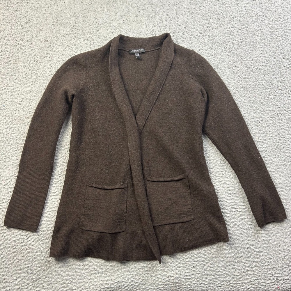 Eileen Fisher Womens Brown 100% Merino Wool Open Front Cardigan Sweater Size PM